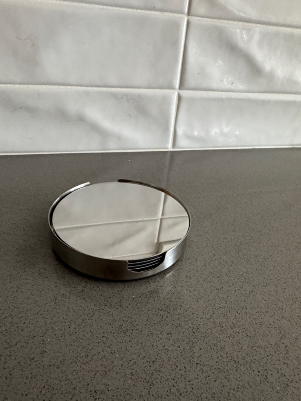 Stainless Steel Round Coaster Set with Holder - Silver